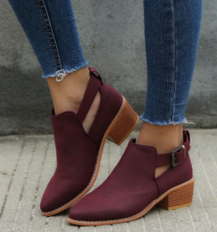 Pointed Toe Cutout Buckle Ankle Boots for Women