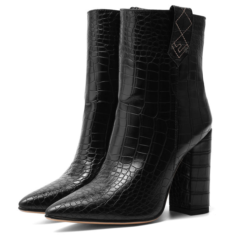 Crocodile Pattern Chunky Heeled Ankle Boots for Women