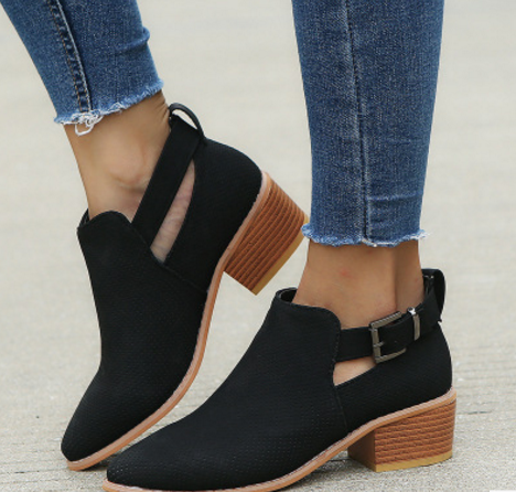 Pointed Toe Cutout Buckle Ankle Boots for Women
