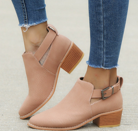 Pointed Toe Cutout Buckle Ankle Boots for Women