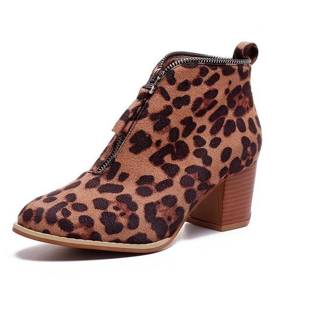 Leopard Print Chunky Heel Ankle Boots for Women