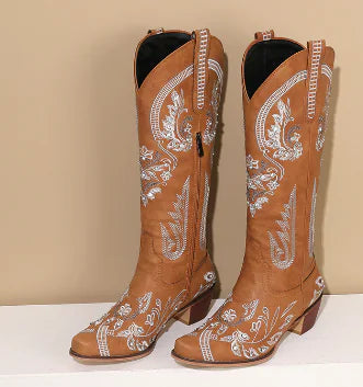 Viral Cowboy Boots with Embroidery and Rhinestones (One Pair)