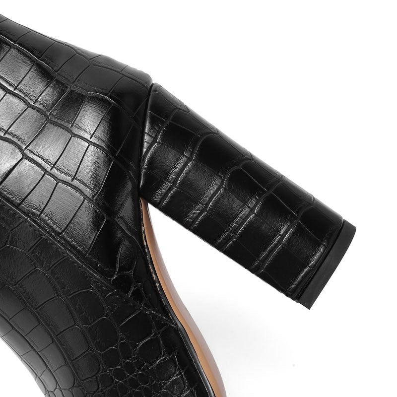 Crocodile Pattern Chunky Heeled Ankle Boots for Women