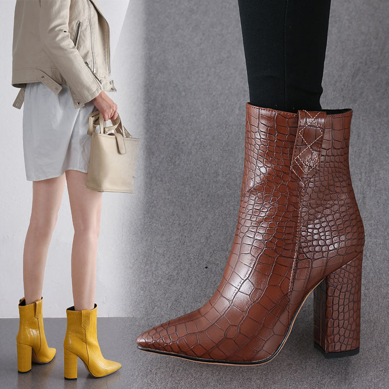 Crocodile Pattern Chunky Heeled Ankle Boots for Women