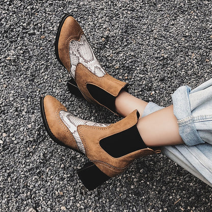 Color-Block Chunky Heeled Ankle Boots for Women