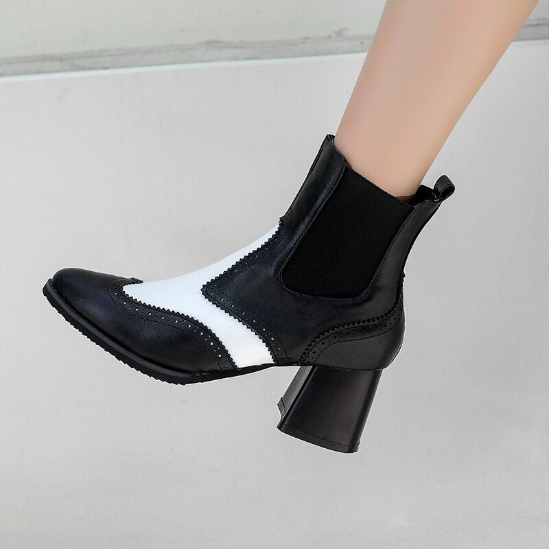 Color-Block Chunky Heeled Ankle Boots for Women