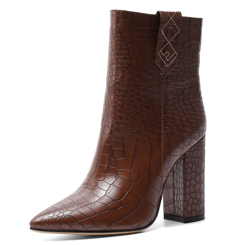 Crocodile Pattern Chunky Heeled Ankle Boots for Women