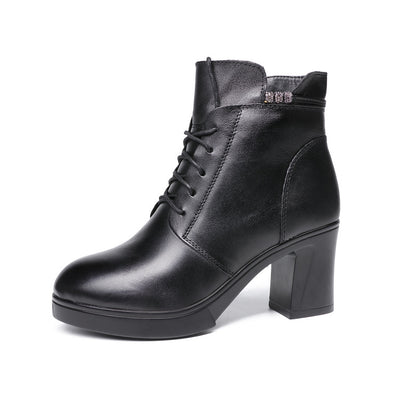 Comfortable Leather Chunky Heel Short Boots for Women