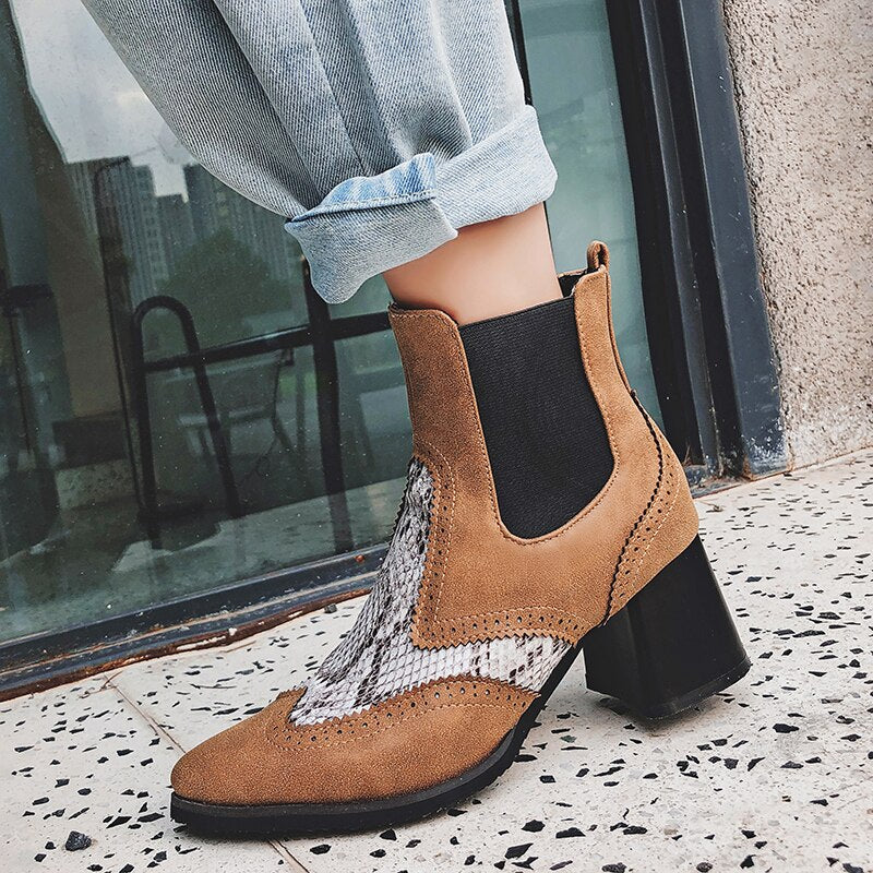 Color-Block Chunky Heeled Ankle Boots for Women
