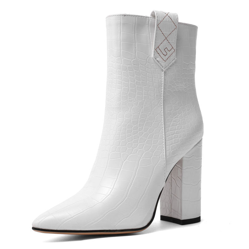 Crocodile Pattern Chunky Heeled Ankle Boots for Women
