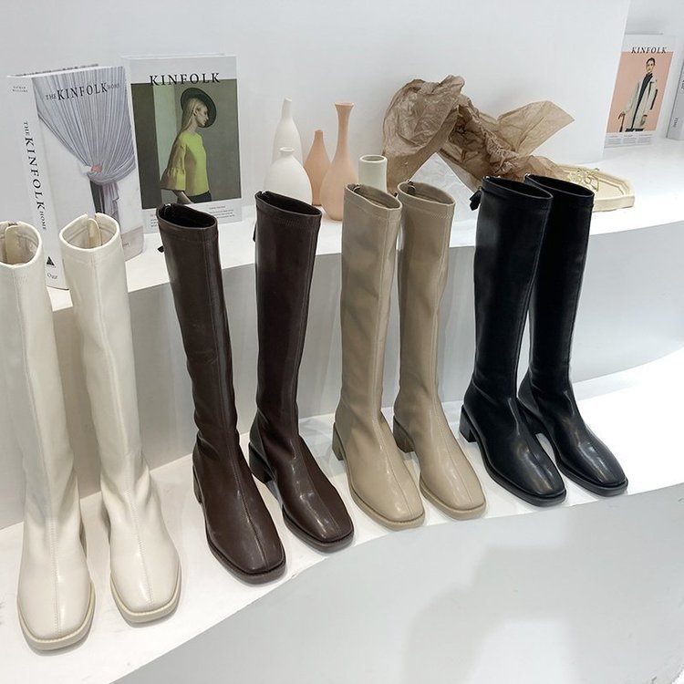 Knight Long White Mid Heel Boots for Women