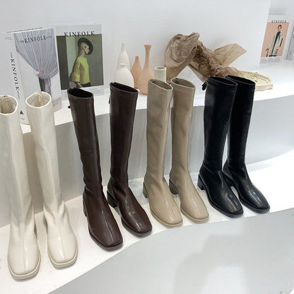 Knight Long White Mid Heel Boots for Women