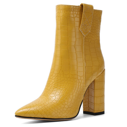 Crocodile Pattern Chunky Heeled Ankle Boots for Women