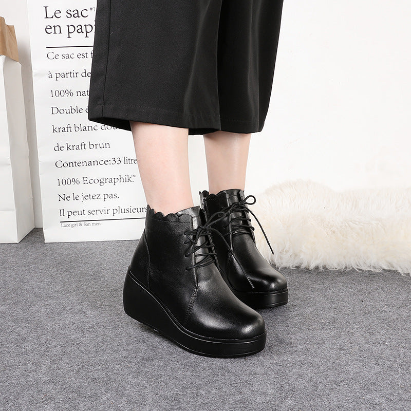 Comfortable Leather Chunky Heel Short Boots for Women