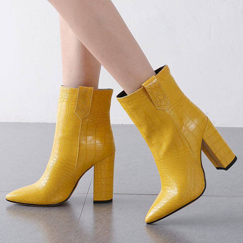 Crocodile Pattern Chunky Heeled Ankle Boots for Women