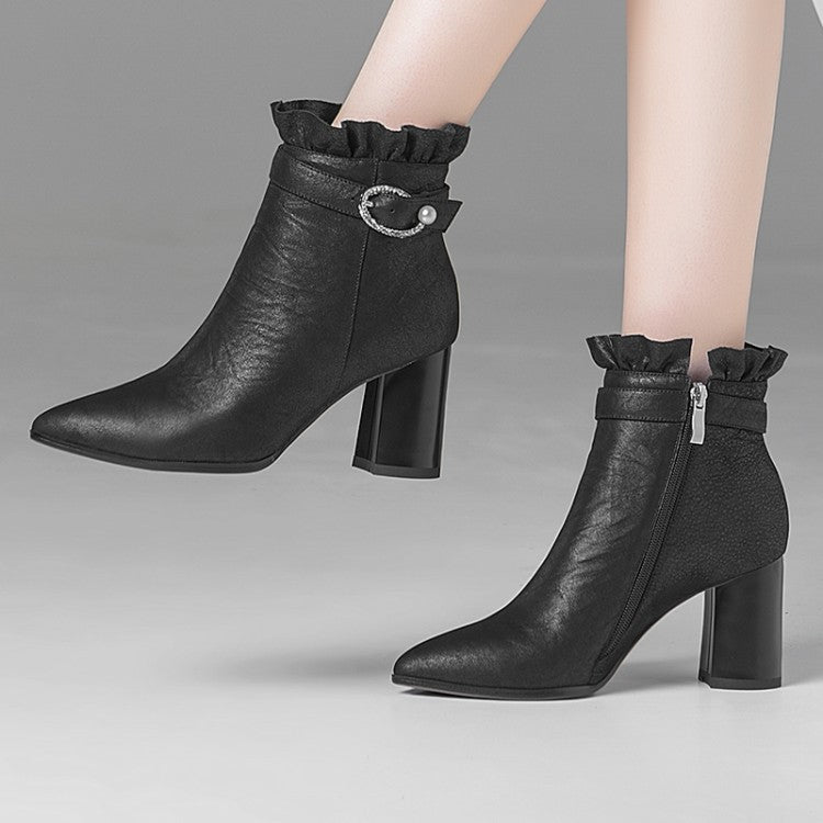 Lace Trim Ankle Boots for Women - Chunky Heels