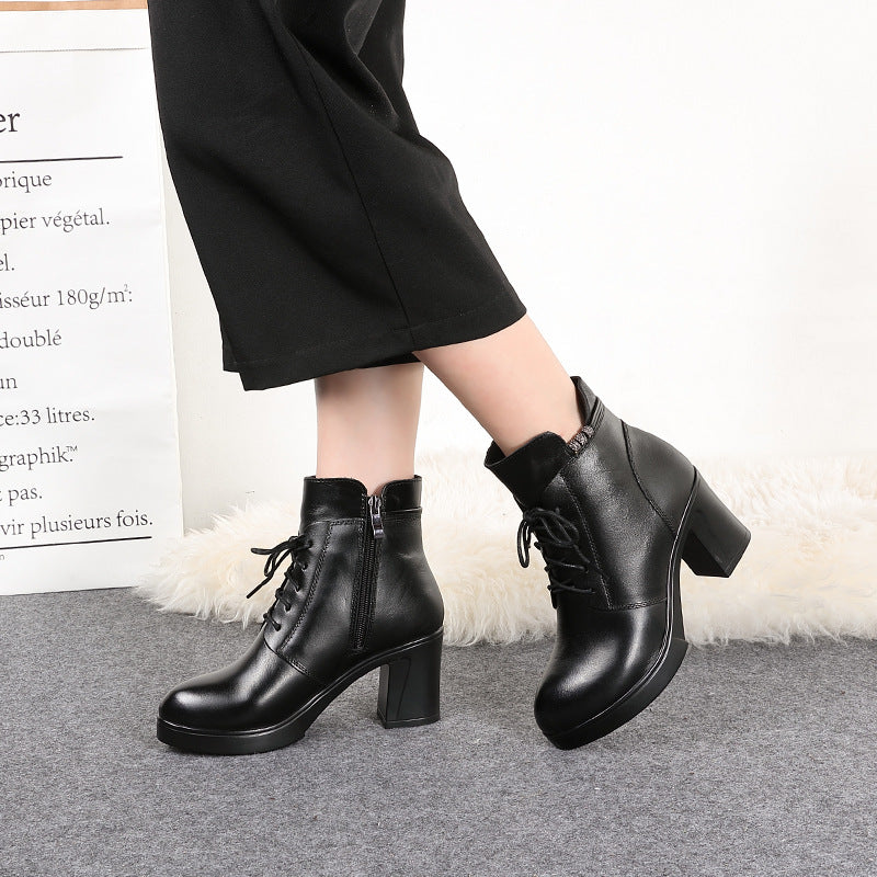 Comfortable Leather Chunky Heel Short Boots for Women