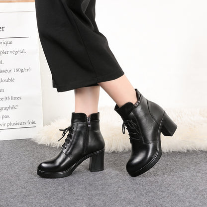 Comfortable Leather Chunky Heel Short Boots for Women