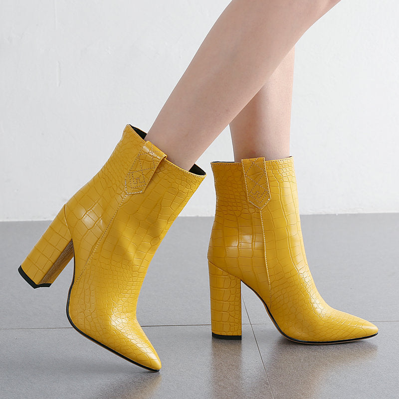 Crocodile Pattern Chunky Heeled Ankle Boots for Women