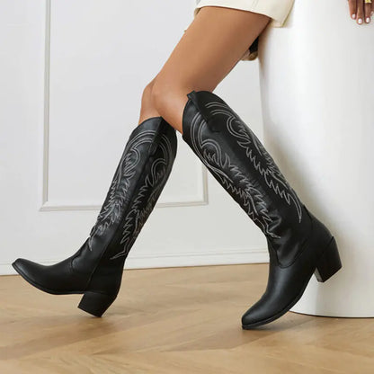 Embroidered Pointed Toe Mid-Calf Boots for Women