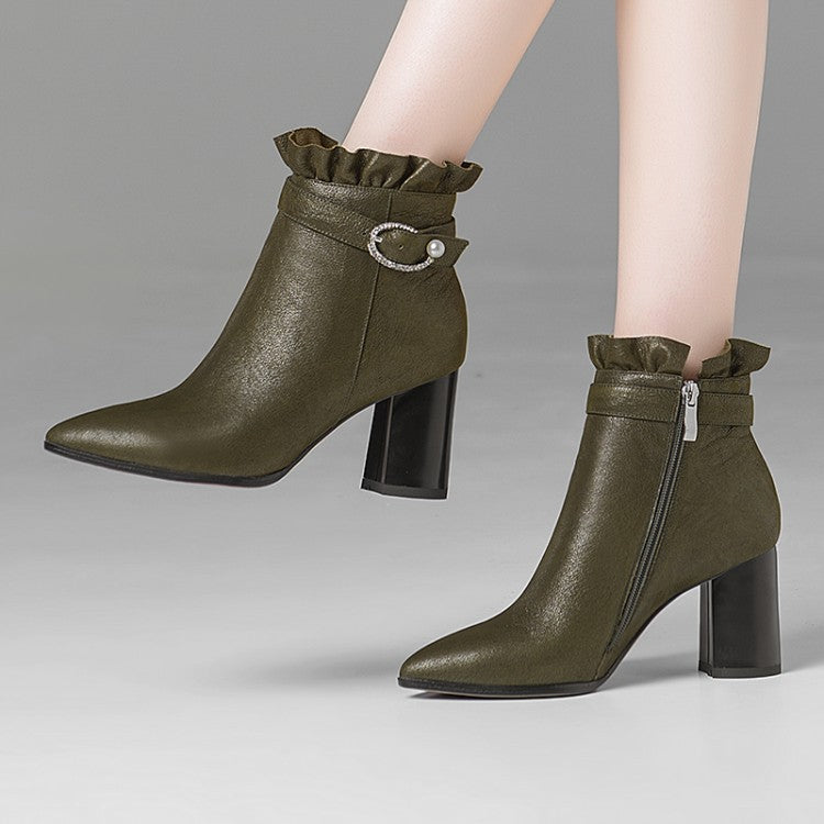 Lace Trim Ankle Boots for Women - Chunky Heels