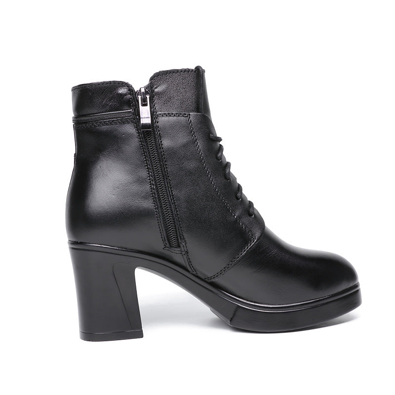 Comfortable Leather Chunky Heel Short Boots for Women