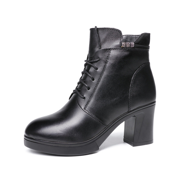 Comfortable Leather Chunky Heel Short Boots for Women