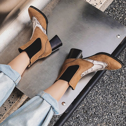 Color-Block Chunky Heeled Ankle Boots for Women