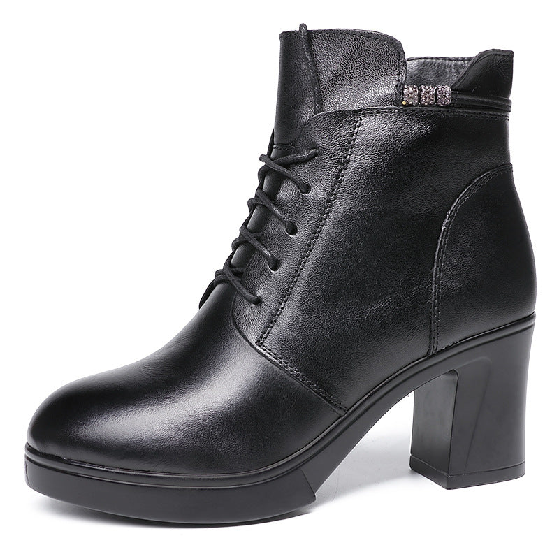 Comfortable Leather Chunky Heel Short Boots for Women