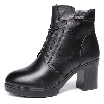 Comfortable Leather Chunky Heel Short Boots for Women