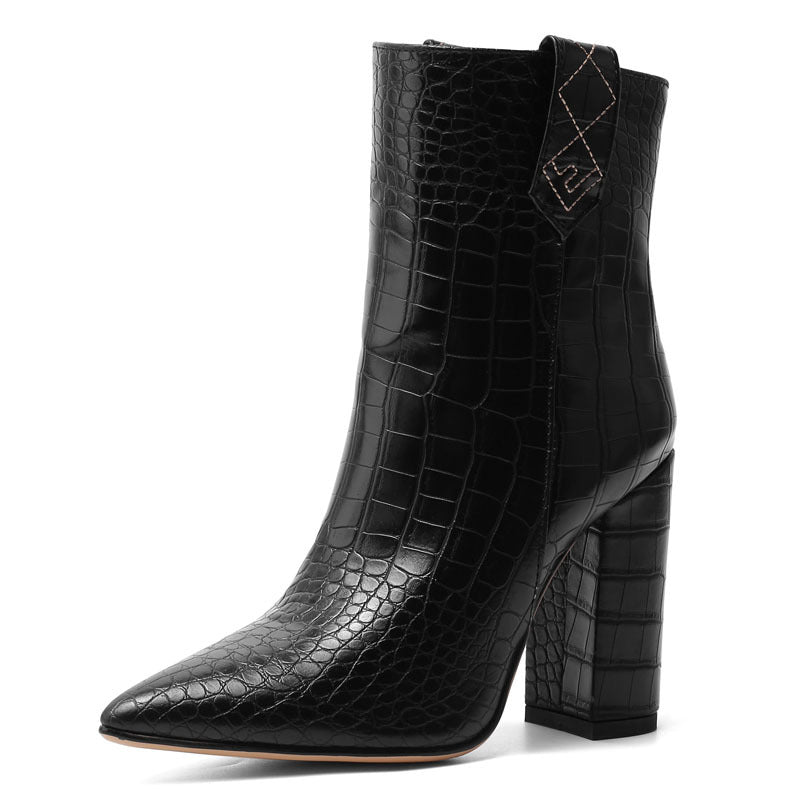 Crocodile Pattern Chunky Heeled Ankle Boots for Women