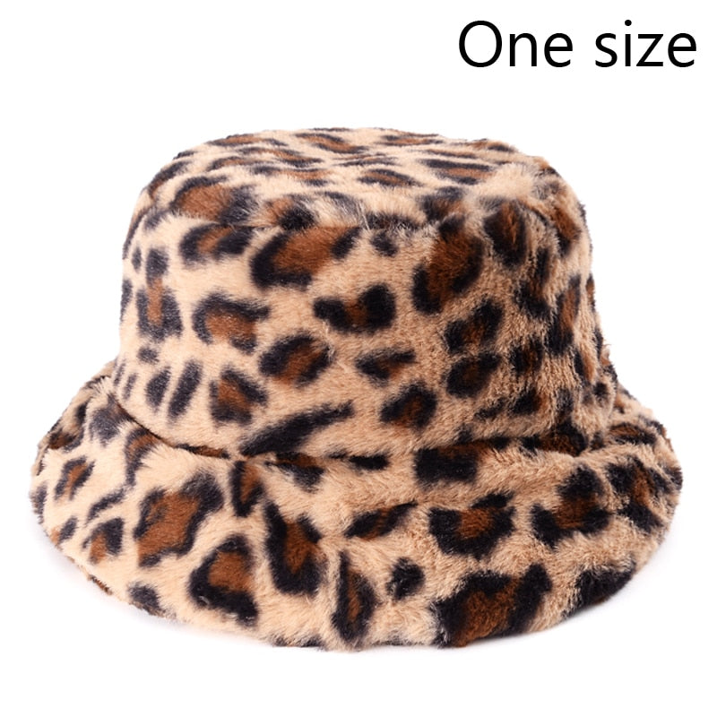 Winter Cow Leopard Faux Fur Fluffy Bucket Hats